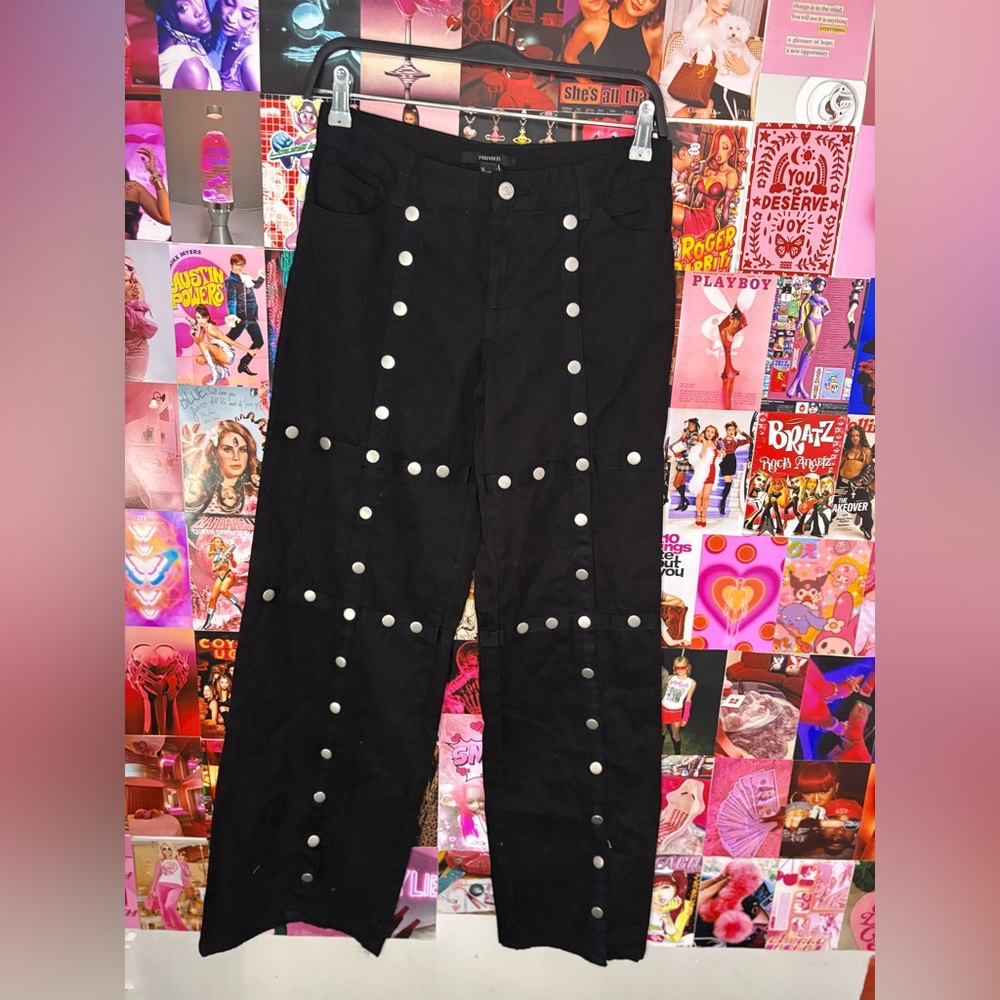 Forever 21 Black and Silver Studded Bootcut Jeans with Silver Hardware